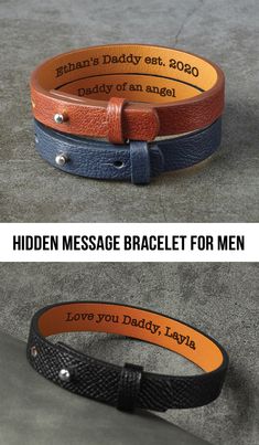 two different types of leather bracelets with the words, hidden message bracelet for men