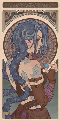 a drawing of a woman with blue hair and tattoos on her chest, sitting in front of