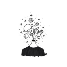 a black and white drawing of a person with planets on their head