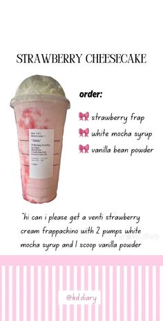 strawberry cheesecake in a plastic cup with whipped cream on top and pink striped background