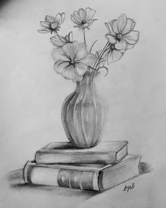 a pencil drawing of flowers in a vase on top of two books with the rest of the book behind it