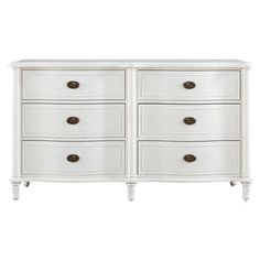 a white dresser with four drawers and two pulls on the bottom, in front of a white background