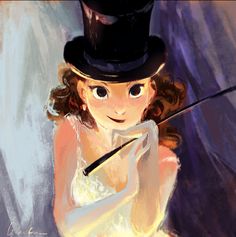 a painting of a girl with a top hat holding a wand and looking at the camera