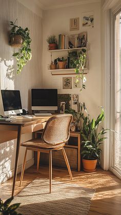 a home office with plants on the wall and a computer desk in front of it