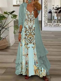 Half Sleeve V-Neck Graphic Printed Two Pieces Maxi Dress Petite Maxi Dress, Dresses By Pattern, Two Piece Jumpsuit, Half Sleeve Dresses, Long Sleeve Short Dress, Dresses By Length, Maxi Dress Green, Classic Dress, Belleza Natural