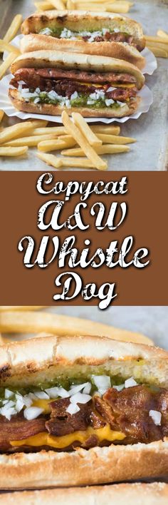 two hotdogs and french fries with condiments on the side that says, copycat & my whiske dog