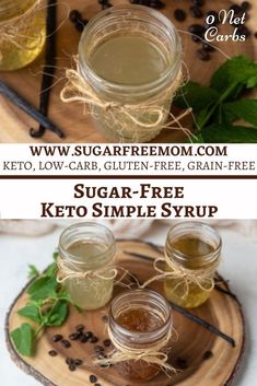 sugar free keto simple syrup recipe on a wooden tray with green leaves and blackberries