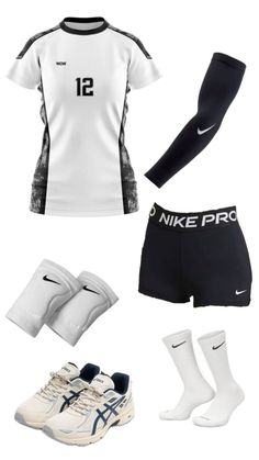 a white shirt and black shorts are shown with nike shoes, socks, and other items