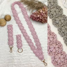 three different crocheted laces are shown with scissors and flowers on the table