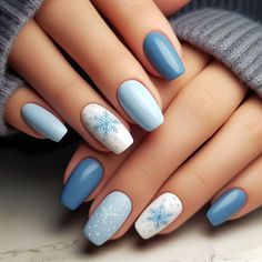 Matte Nails Winter, January Nail Designs Simple, Fancy French Manicure, Matte Winter Nails, Light Blue Nails With Design, Nail Extension Design, Blue Snowflake Nails, Winter Manicure Ideas, Paznokcie Hello Kitty