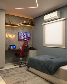 a bed room with a neatly made bed and a flat screen tv on the wall