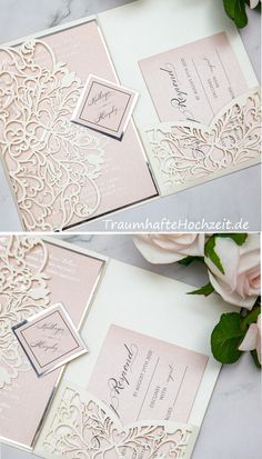 two pictures of wedding cards with flowers on the bottom and in the middle, one is pink