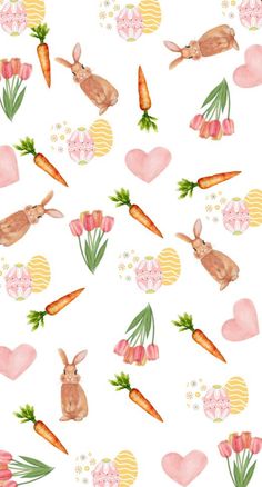 a watercolor pattern with rabbits, carrots and flowers