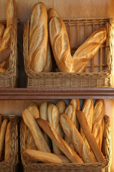 several baskets filled with loaves of bread