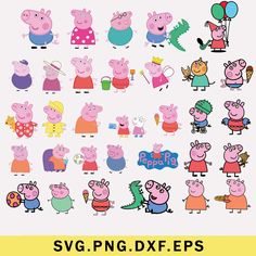 peppa pig cartoon characters are shown in this image with the words svg png dxf eps - brinsv