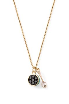 In collaboration with Caviar Kaspia. This charm necklace includes a caviar tin made of pavé black diamonds with turquoise enamel, and a spoon with pearlized enamel and a black diamond piece of "caviar" detailed with Kaspia's logo at the handle. Caviar Kaspia, Caviar Spoon, Alison Lou, Band Necklace, Spoon Jewelry, Black Diamonds, Fine Jewelry Designers, Treasure Hunt, Black Diamond