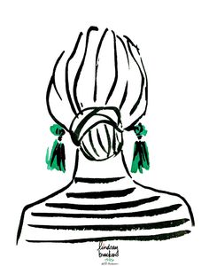 a drawing of a woman's head with two green earrings on her ear and the back of her head