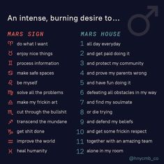 an intense, burning desire to mars sign is shown in red and blue text on a black background