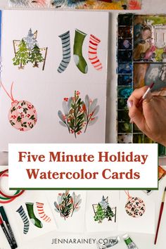 five minute holiday watercolor cards with text overlay