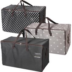 three bags with white stars on them and one black and gray bag has brown straps