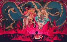 an artistic painting with red and blue colors on the wall next to two dragon heads