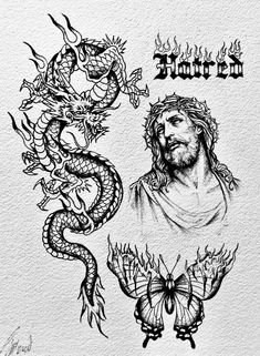 a drawing of jesus surrounded by two snakes and a butterfly with the word born on it