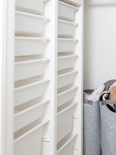 an open closet with two bins and a stuffed animal