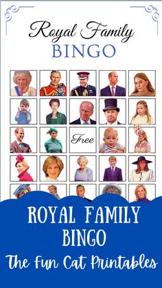 the royal family bingo game is shown in blue and white with images of people on it