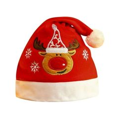 a red santa hat with reindeer head on it