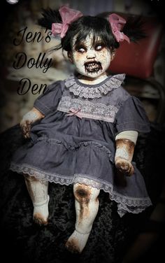 a creepy doll with black hair and makeup