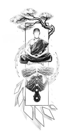 a black and white drawing of a person sitting in a lotus position on top of a tree