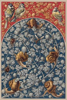 an intricately decorated wall panel with birds and flowers in blue, gold and red