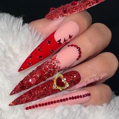 Introducing our luxurious RUBY RED VALENTINE Press Ons❤️ ❤️All orders are hand made and brand new  ❤️Each order includes a DIY kit: Nail file, wooden cuticle pusher, nail buffer, alcohol wipes & nail glue✨ ❤️Re-useable depending on care method ❤️This set is made with gel polish** ❤️Length/Shape in the photos/video above: 3XL Stiletto  ❤️Thank you for your support, we hope you love your order! **TAG @Beautybarbyjenn in your nailfies on Instagram for a feature** Red Nail Design, Red Stiletto Nails, Acrylics Nails, Fake Nails Long, Red Manicure, Red Valentine, Romantic Nails, Elegant Nail Designs, Drip Nails