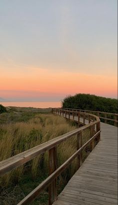 a wooden walkway leading to the beach at sunset with tall grass in the foreground