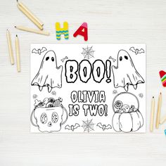 halloween coloring pages for kids with the words boo, olvia and two ghost on them