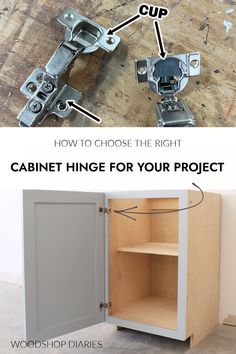 an open cabinet door with the words how to choose the right cabinet hinge for your project