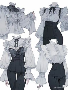 four different views of the same blouse and pants, one in white with black details