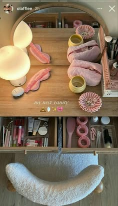 a wooden table topped with lots of different items