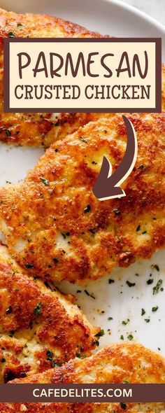 parmesan crusted chicken on a white plate with text overlay that says parmesan crusted chicken