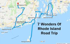 a map with the 7 wonders of rhode island road trip on it's side