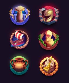 four different types of badges in the style of video game characters and their emblems