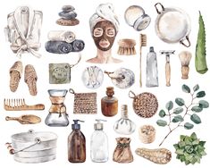 watercolor painting of various items used to make facial masks and skin care products on white background