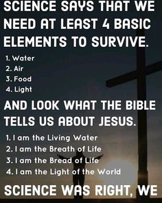 a cross with the words science says that we need at least 4 basic elements to survive