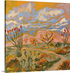 a painting of desert scene with cactus trees and clouds