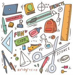 an illustration of school supplies and scissors