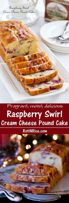 raspberry swirl cream cheese pound cake on a plate