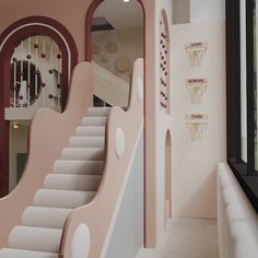 there is a pink staircase in the house