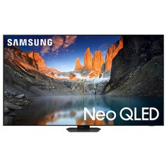 the samsung tv is on display in front of mountains and blue sky with text that reads, neo qled