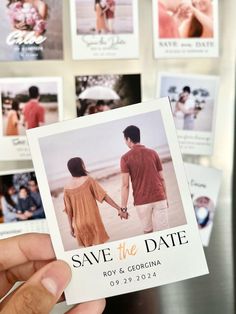 a person holding up a card with photos on it and the words save the date