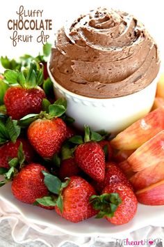 chocolate fruit dip on a plate with strawberries and apples